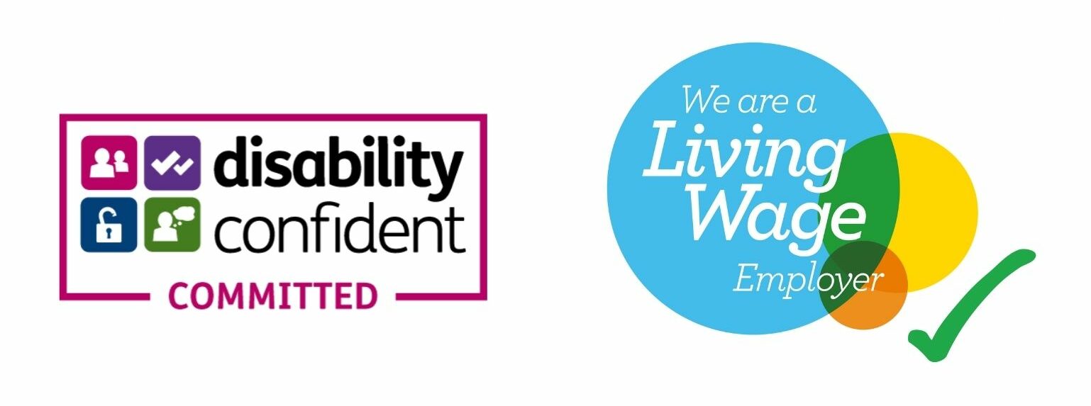 Disability Confident Committed and National Living Wage Employer logos